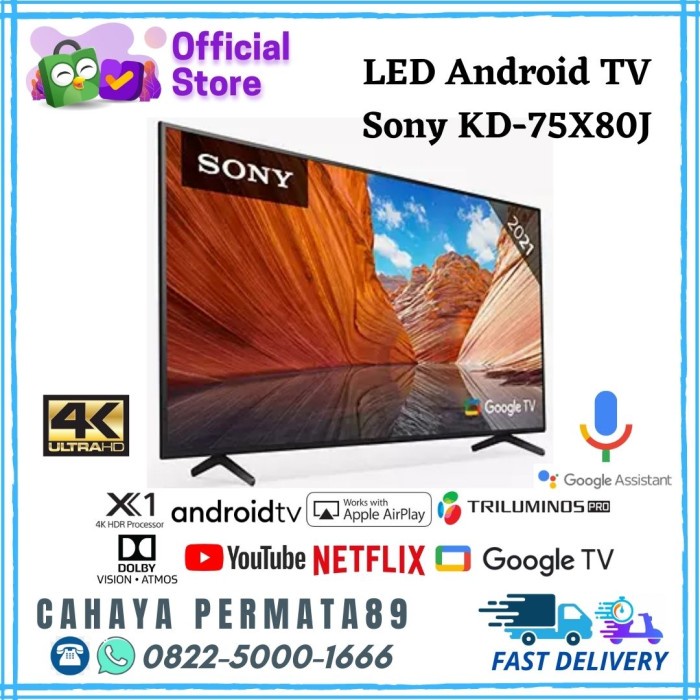 LED TV SONY KD-75X80J Bravia 75 Inch X80J Android Smart TV UHD 4K HDR
