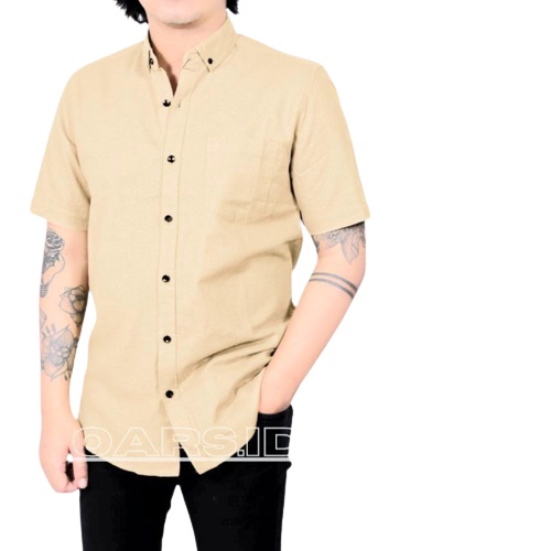 Terwuwu kemeja panjang pria cowok gatlemen cowok biru navy dongker polos formal kantor hem baju kemeja pria lengan panjang distro kasual santai casual katun dinas pns kerja putih merah marun kuning hitam premium pria cowok laki laki terlaris murah-Pendek Krem