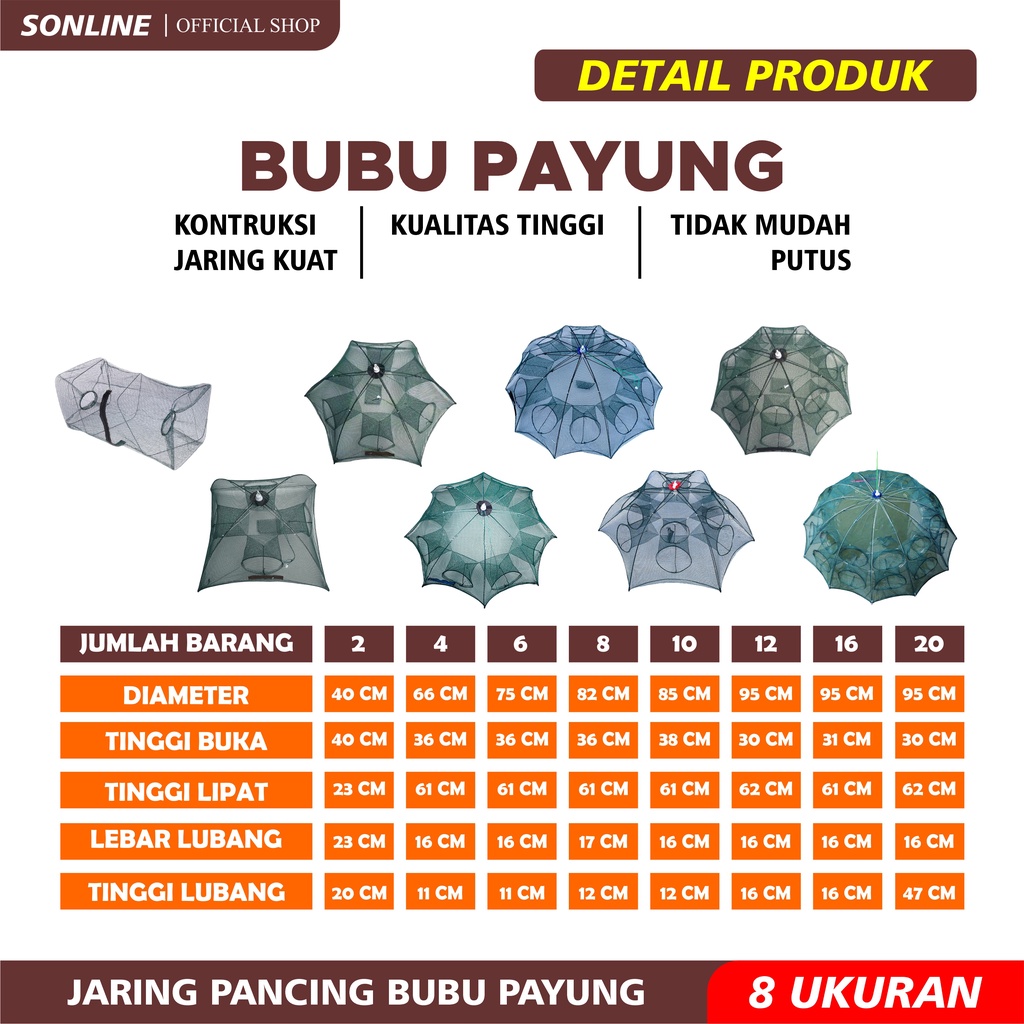 SONLINE Payung Bubu 8 Ukuran Jaring Jebakan Perangkap Udang ikan Kepiting Model Payung 2/4/6/8/10/12/16/20 Lubang