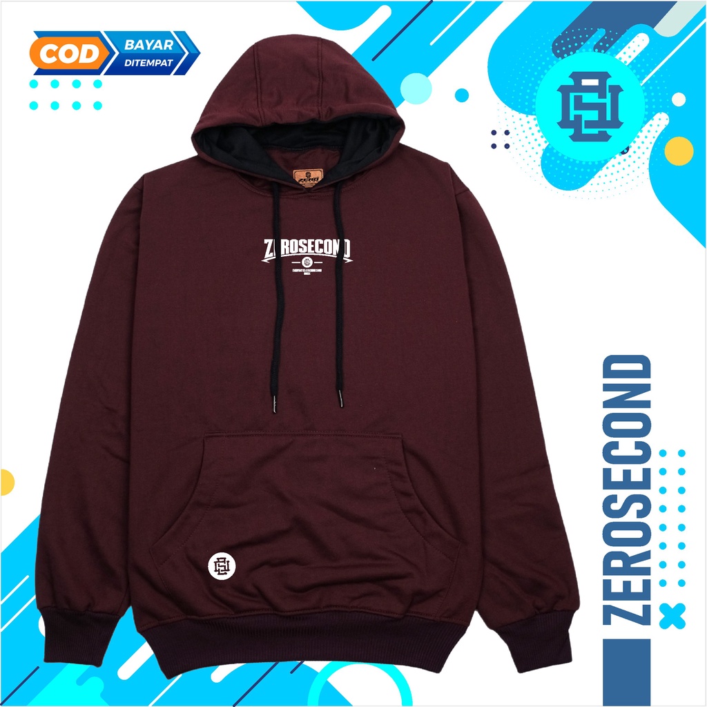 Zero.Second Sweater Hoodie Pria Autentic Logo ZS Warna burgundy Bahan Catton Flecee Gramasi 280S Permium Tebal Full Varisn Warna