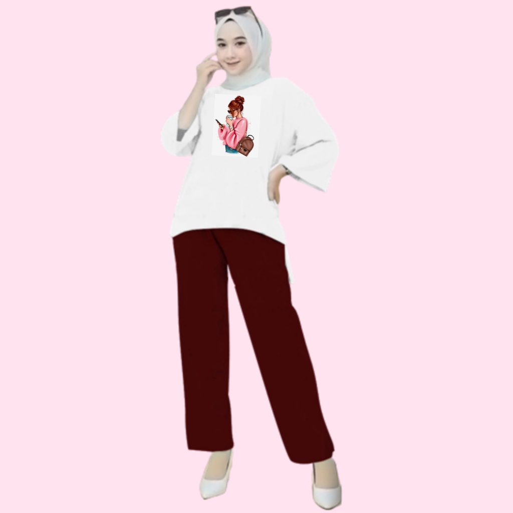 Setelan Kaos Wanita Dewasa Oversize Ld 110 cm Terbaru 2023 Viral Gambar Digital Printing Bahan Kaos Babyterry Tangan 3/4 dan Celana Panjang One Set Wanita Dewasa Jumbo Kekinian Atasan Baju Wanita Dewasa Big Size Stelan Baju Wanita Santai Cewek MINUM KOPI