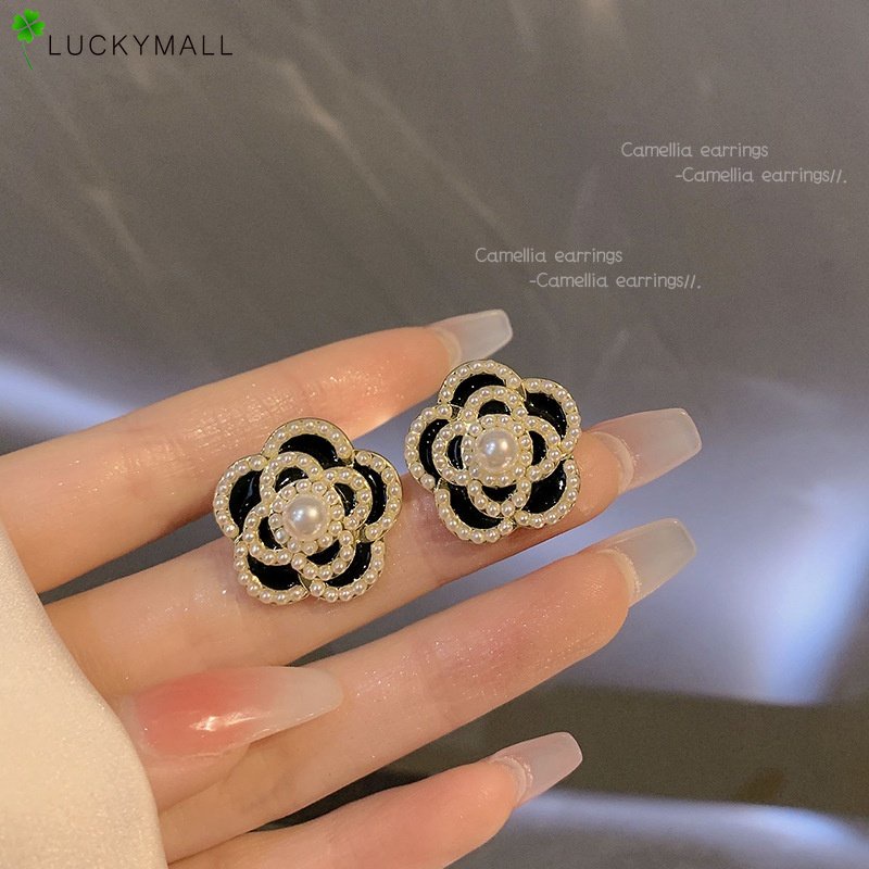 Anting Camelia Hitam Untuk Wanita Retro Pearl Earing Aksesoris Perhiasan