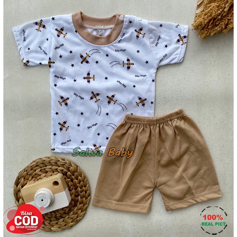 Setelan Baju Bayi Lengan Pendek Motif Pesawat Usia 3-12 Bulan