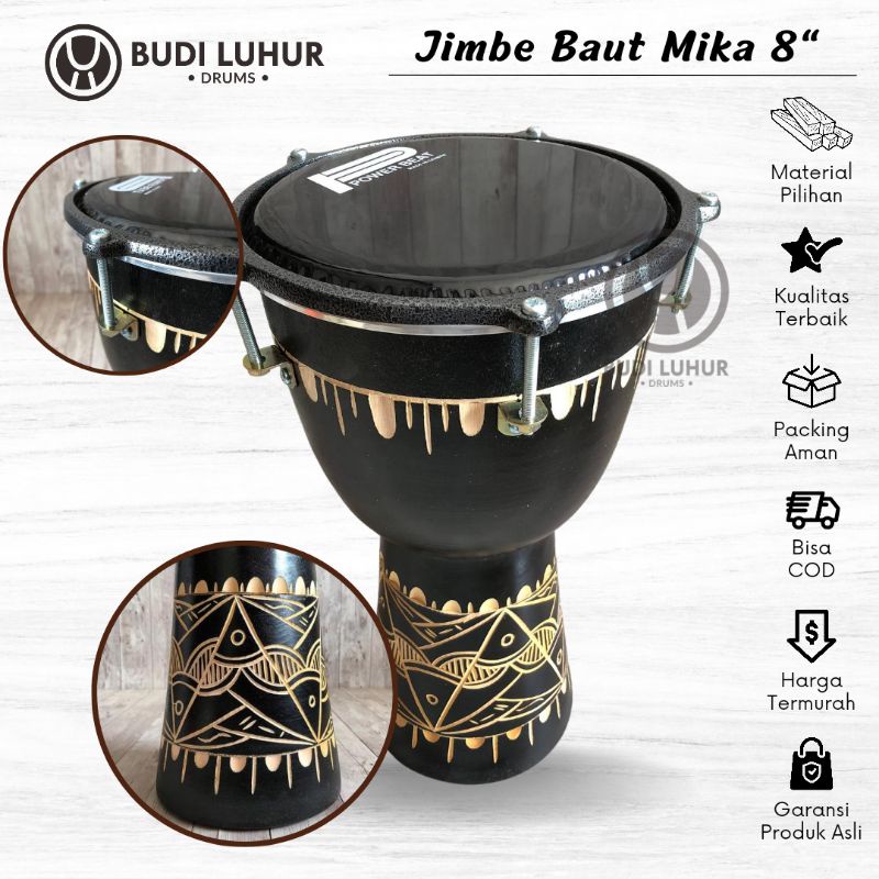 HOT PRODUCT Jimbe Mika 8 inch Tinggi 40cm Kendang Gendang Jimbe Motif Ukir Black Mate Model Baut Darbuka