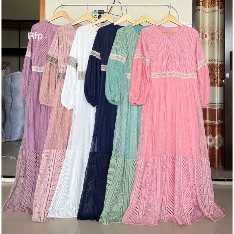 MAUDY BRUKAT MIX TULLE / GAMIS BROKAT PESTA MEWAH / GAMIS BROKAT KOMBINASI