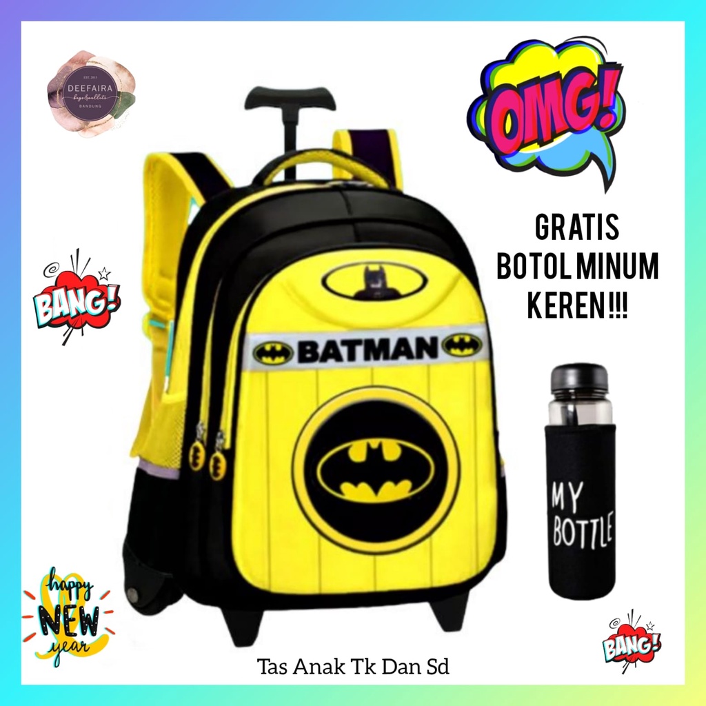 Tas Ransel Troli Anak Laki Laki Motif Batm4n 3D Her0 Keren Free My B0ttle Untuk Tk &amp; Sd