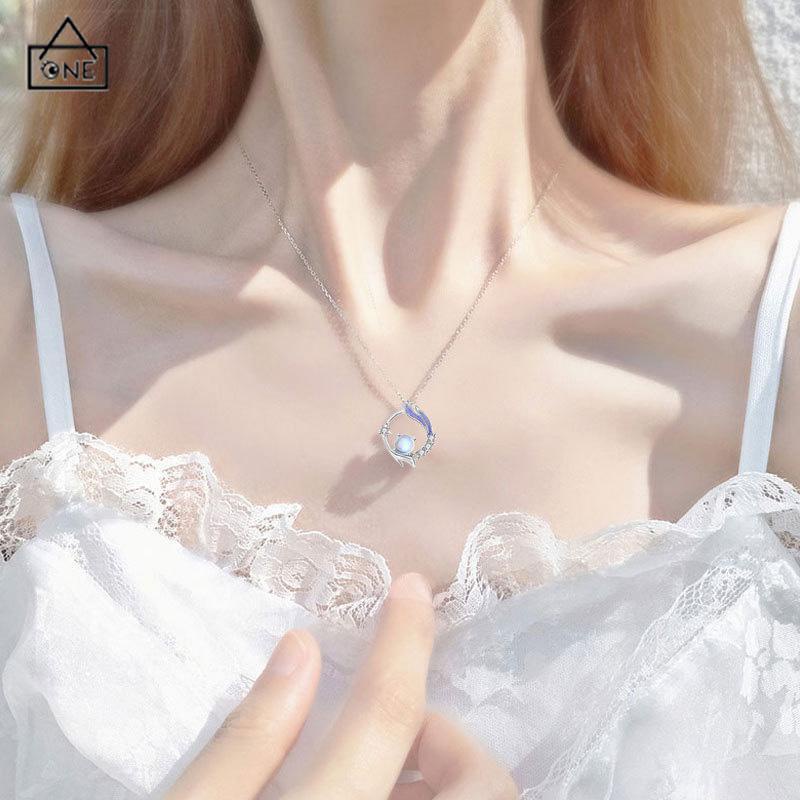 COD❤️Kalung Rantai Klavikula Liontin Moonstone Gaya Korea Silver Untuk Wanita Aksesoris Perhiasan-A.one