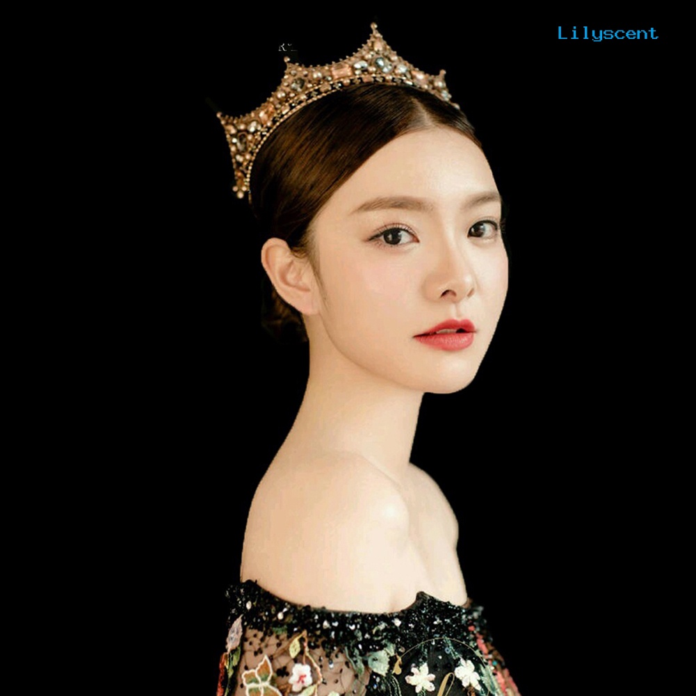 [LS]Retro Baroque Beaded Queen Tiara Crown Pernikahan Hiasan Kepala Bando Aksesoris Rambut