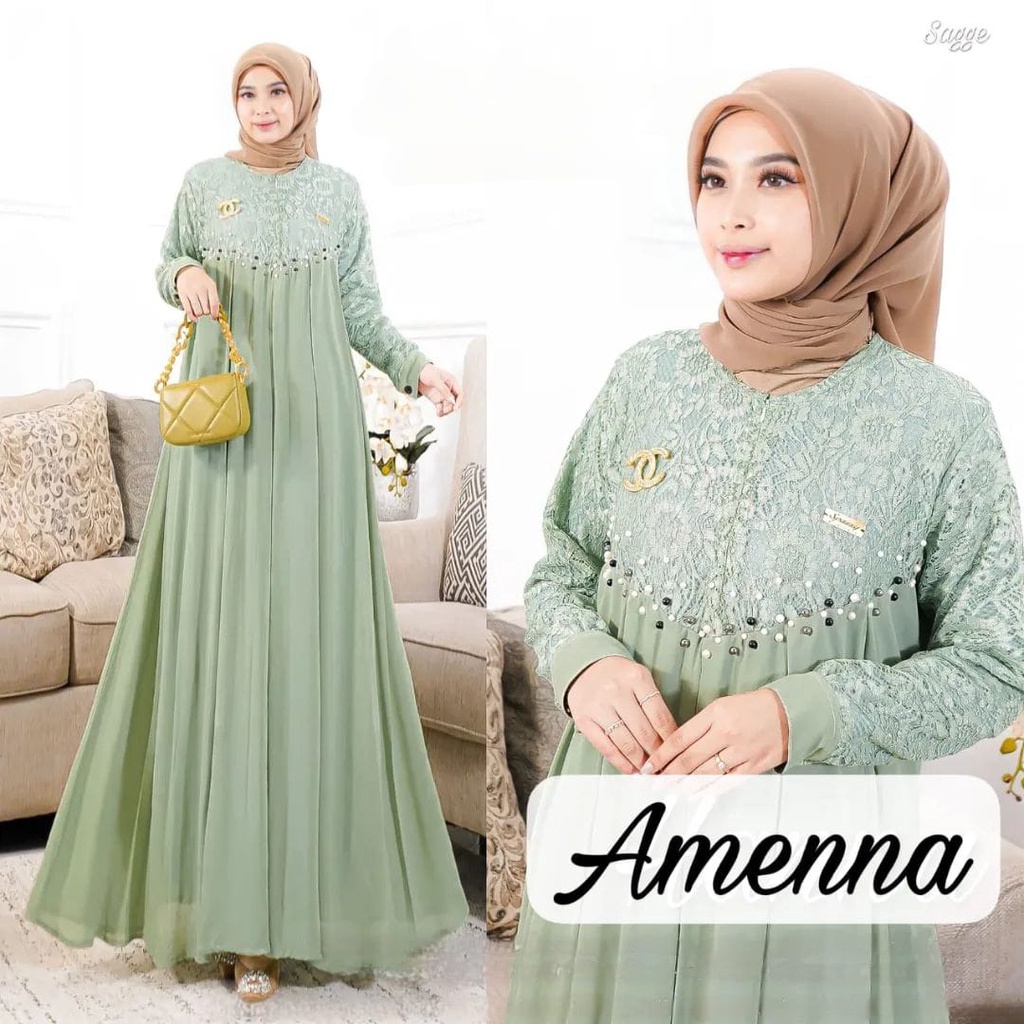 Baju Gamis Bordir Wanita Dewasa / Remaja Terbaru Amenna Dress Bahan Ceruty babydoll full Mix Brukat Aplikasi Mutiara /Baju Gamis Bordir  Size L, XL, LD 105,110, /Gamis Ceruty Premium /Gamis Menyusui Kekinian 2022/Gamis Viral