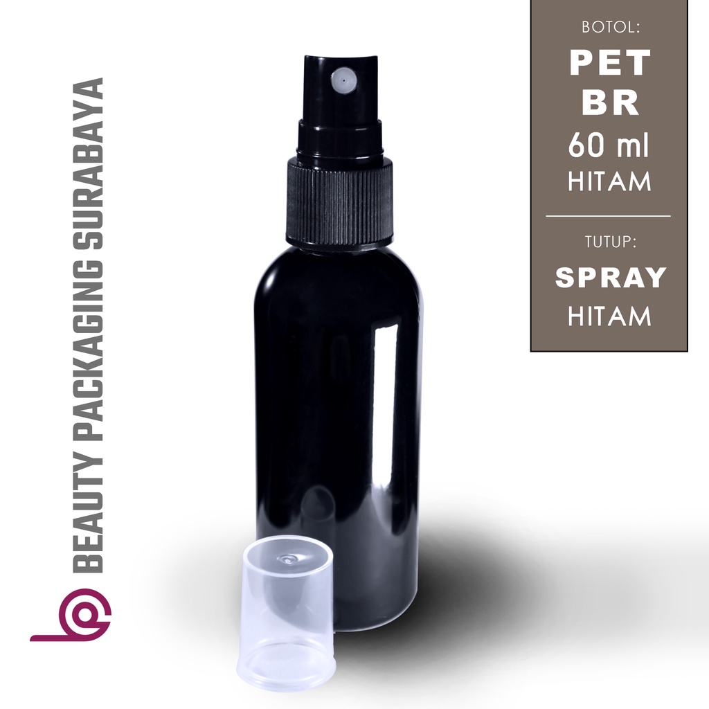 Botol plastik PET 60ml BR hitam tutup spray hitam