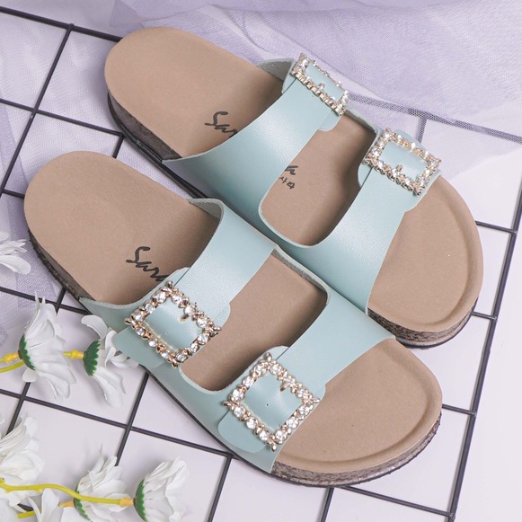 SARASARA YUK - KIMMY Sandal Wanita Slop Casual Size 36 - 41 Model Birken Sol Puyuh Sara Sara Sendal Cewek Kulit Santai Rumahan Strap Gesper dua Kristal Blink Empuk 37 38 39 40 Warna Green Hijau Soft Selop Anti Slip Original Shoes ORI Mall Official Store