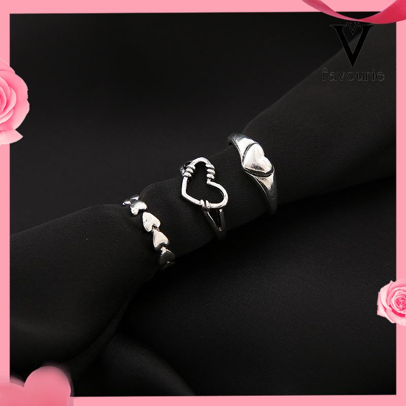 COD3pcs Cincin Model Terbuka Desain Gelombang Hati Warna Silver Gaya Vintage Untuk Wanita-FA