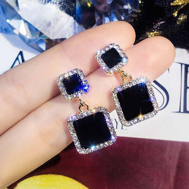 Trend Korea Anting Berlian Imitasi Persegi Hitam Untuk Wanita Fashion Geometri Kristal Perempuan Liontin Earrings Ladies Jewelry