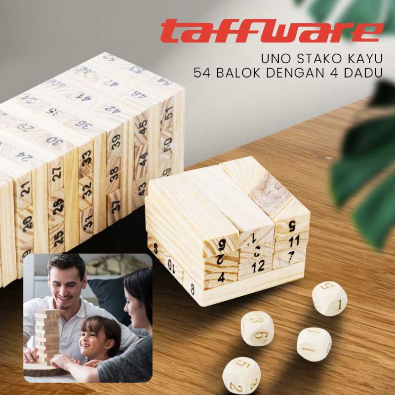 Taffware Permainan Uno Stako Kayu 54 Balok dengan 4 Dadu