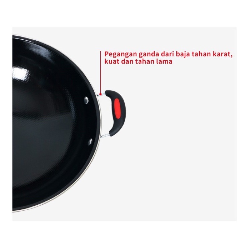 Kuali Enamel Hitam List Merah 30/32/34CM - Kuali Wajan Tebel Gagang Kuping - Wajan Penggorengan Hiqh Quality Anti Lengket - Wok Pan Jumbo Tebel