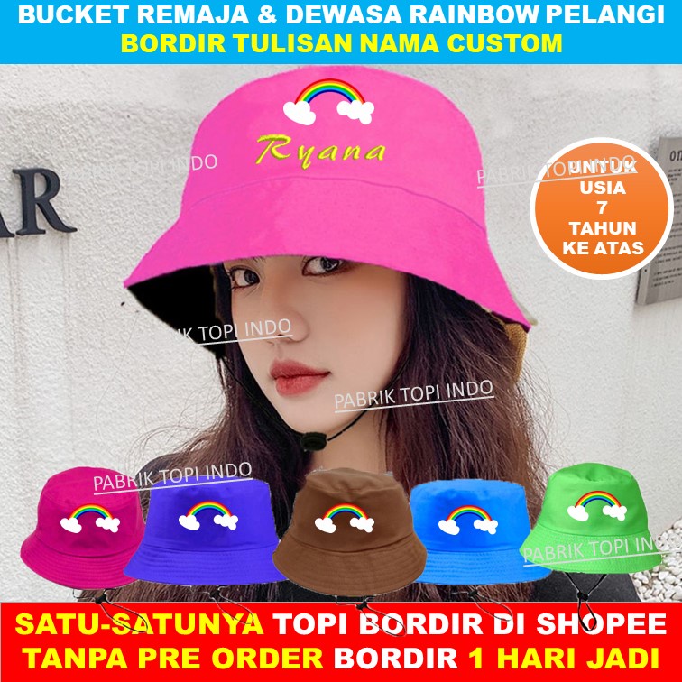 Topi Bucket Dewasa Rainbow Topi Dewasa Pelangi Custom Bordir Nama Usia 7 Tahun ke atas