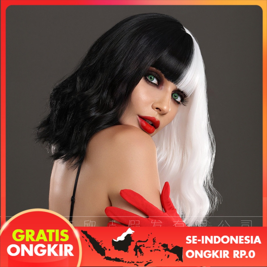 Wig Wanita Hot Menjual  Halloween Wig Sarung Cosplay Hitam  Putih Teguran Cruella Short Curly Rambut