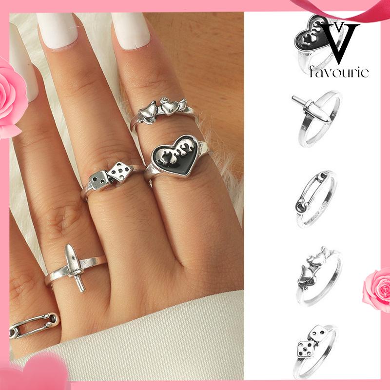 CODDomingo Ring Alloy peniti dadu love pedang retro silver cincin wanita fashion korea 5 set-FA