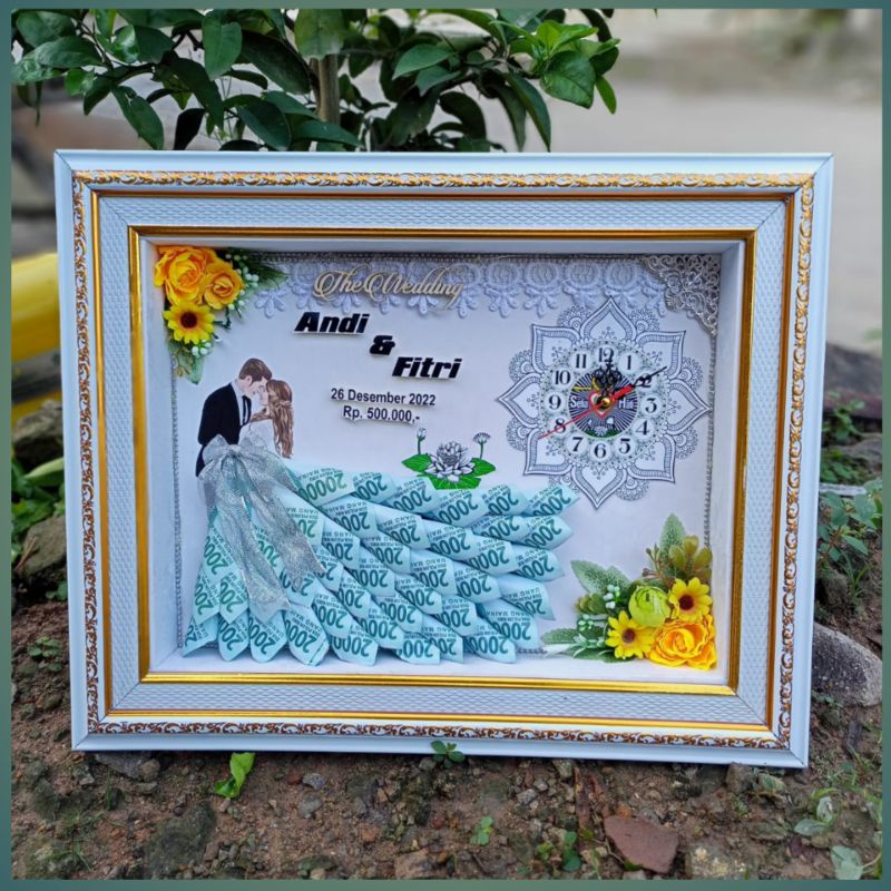 Mahar Pernikahan Siluet Pengantin Jam Aktif Bingkai Figura Foto Aksesoris Kado Mahar Simple Rustic B