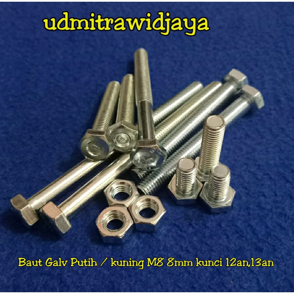 Baut kunci 12 13 baut mur galvanis M8x100mm panjang 1cm 2cm 3cm 4cm 5cm 6cm 7cm 8cm 9cm 10cm baut galvanis M8 8mm kunci 12an 12mm 13an baut rak susun baut pagar stainless baut pangkon mobil baut dump truck baut kawel