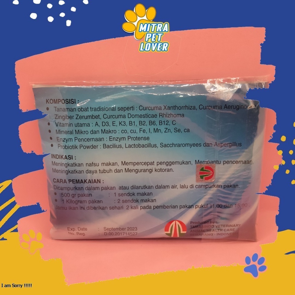 VITAMIN PENGGEMUK IKAN - JAMIKAN 200GR - SUPLEMEN MEMPERCEPAT PENGGEMUKAN FISH KOI NILA LELE MEMBANTU PENCERNAAN - MURAH ASLI GARANSI KUALITAS ORIGINAL - PET ANIMAL HEALTHCARE &amp; VETERINARY TAMASINDO OBAT KESEHATAN &amp;  VITAMIN TERNAK HEWAN  MITRAPETLOVER