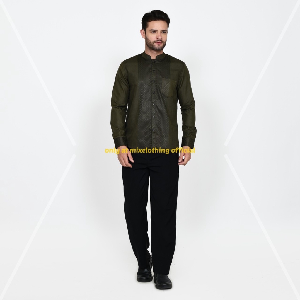 Timofey Koko Muslim Pria Lengan Panjang Slim Fit Premium Hem Lebaran Hijau Army