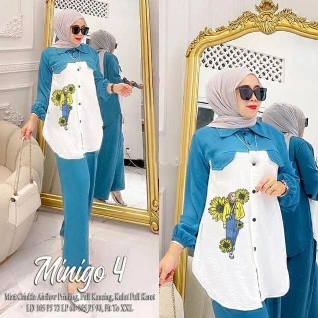 Stelan Crinkle Terbaru Minigo Set Baju Kemeja Wanita Setelan Celana Panjang One Set Jumbo Aplikasi Sablon Setelan Wanita Kekinian