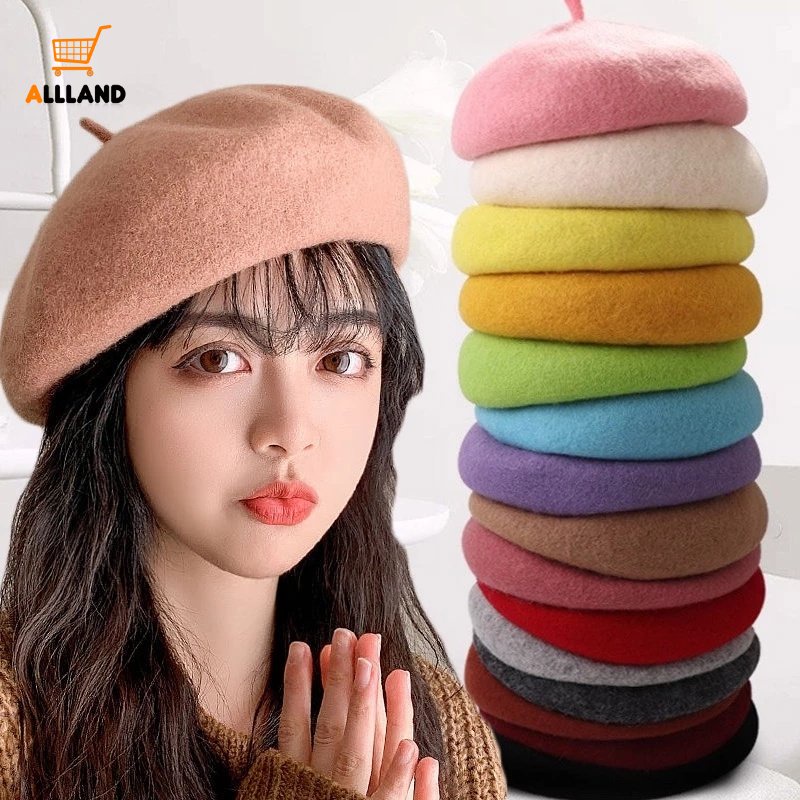 [Hot Sale] Korea Fashion Baret Wol Hangat/Retro Solid Colours Beret Hats/Topi Kupluk Musim Dingin Gaya Artis Perancis Untuk Wanita Perempuan