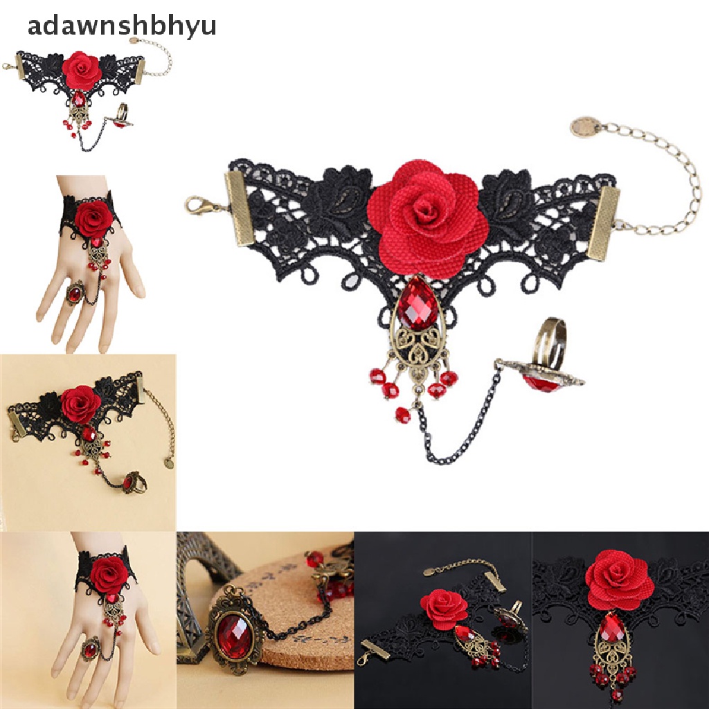 Adawnshbhyu Hot New Gelang Mawar Merah Renda Gaya Gotik Elegan Dengan Cincin Jari Yang Dapat Disesuaikan ID