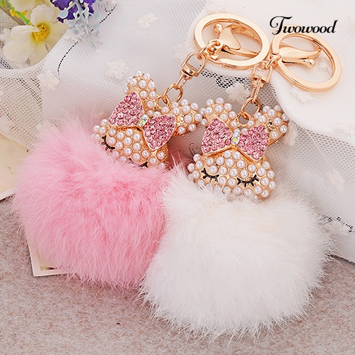 Twowood Hadiah Lucu Bling Berlian Imitasi Rubah Kelinci Fluffy Ball Gantungan Kunci Mobil Key Ring Pendant