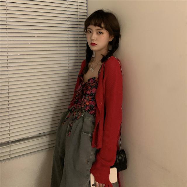 Suhao Fashion 2022 Baru Awal Musim Gugur Pakaian Wanita Retro Bunga Kamisol Top Tipis Rajutan Cardigan Trendi Dua Potong set