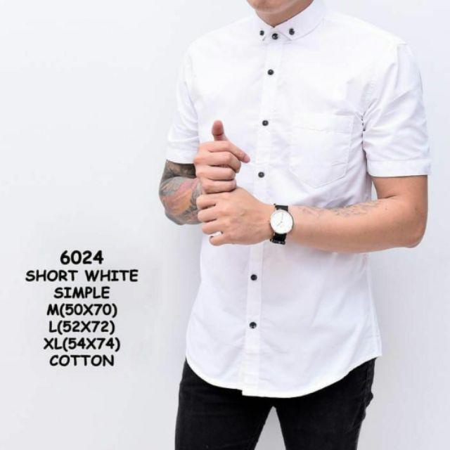 Terwuwu kemeja panjang pria cowok gatlemen cowok biru navy dongker polos formal kantor hem baju kemeja pria lengan panjang distro kasual santai casual katun dinas pns kerja putih merah marun kuning hitam premium pria cowok laki laki terlaris murah-Pendek Putih
