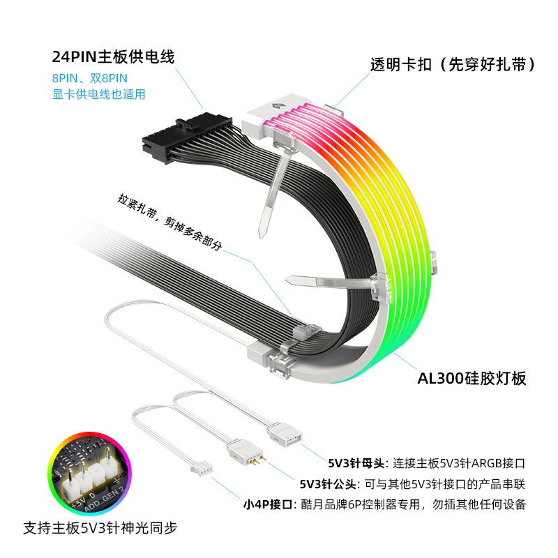 COOLMOON AOSOR AL300 ARGB strip 5V 3PIN PSU Cable Cover Sync