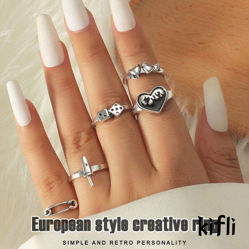 [KD]5pcs/Set Paper Clip Ring Antique Silver Vintage Ring