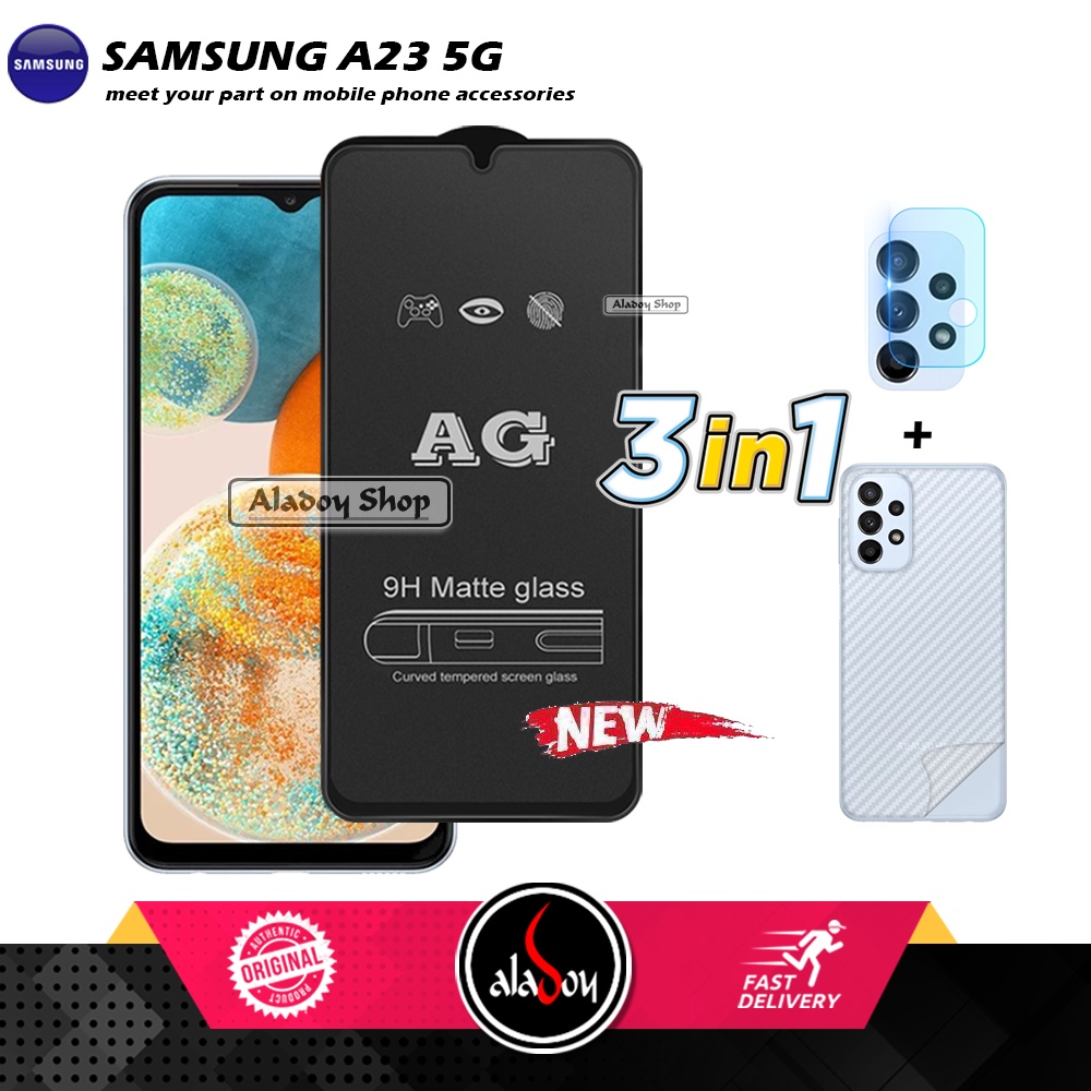 Paket 3IN1 Tempered Glass Layar Matte Anti Glare Samsung A23 5G Free Tempered Glass Camera dan Skin Carbon