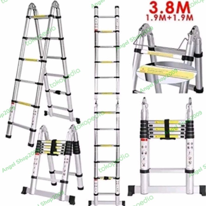 tangga lipat aluminium teleskopik 3,8M Double teleskopik 3,8
