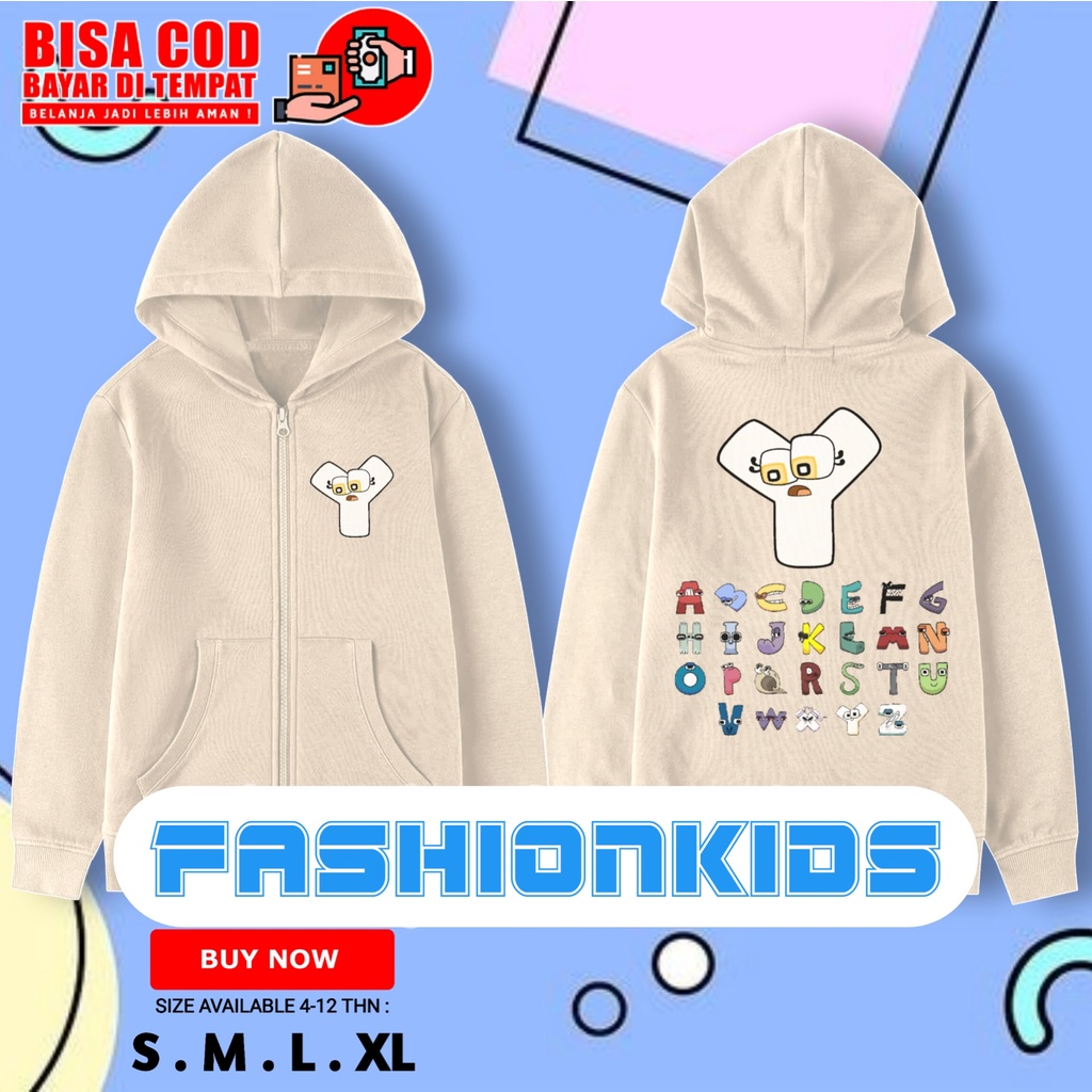JAKET ZIPPER ANAK ALPHABET LORE BISA COSTUM HURUF A B C D E F G H I J K L M N O P Q R S T U V W X Y 