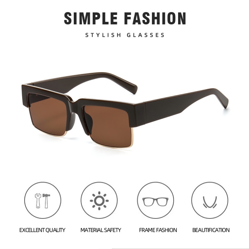 (YUZHU) Kacamata Hitam Persegi Setengah Bingkai Logam Mode Modern Desain Bergaya Baru Dua Tone Kerai Sunglasses Unisex