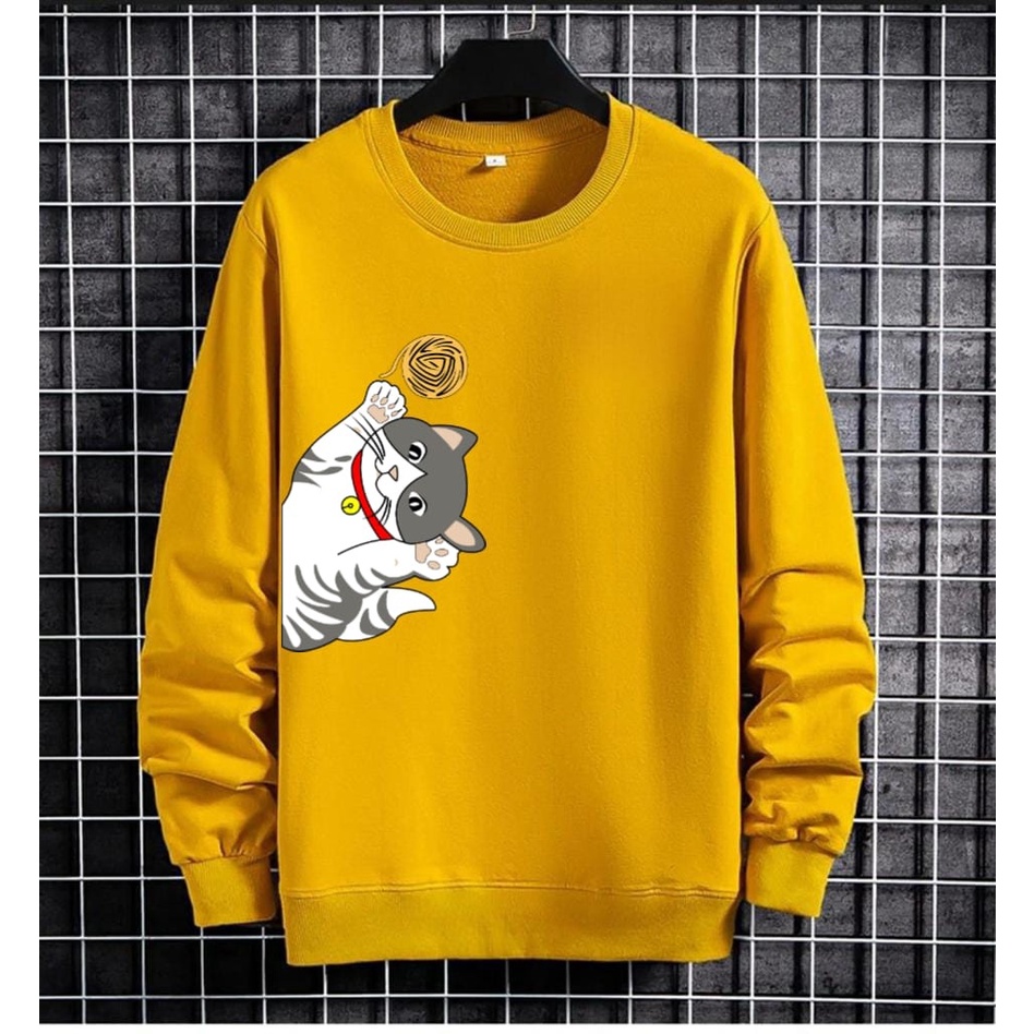 JOSJOLI_STORE/Baju Sweater Kucing Samping/Atasan Pria Dewasa Lengan Panjang/L XL