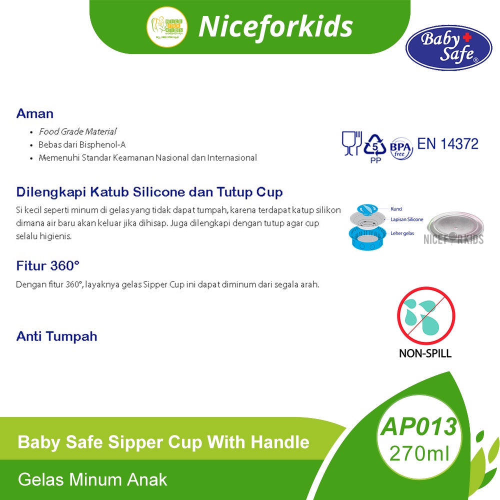 Baby Safe Sipper Cup With Handle 270ml (AP013) / Gelas Minum Anak  / Gelas Anak dengan Pegangan