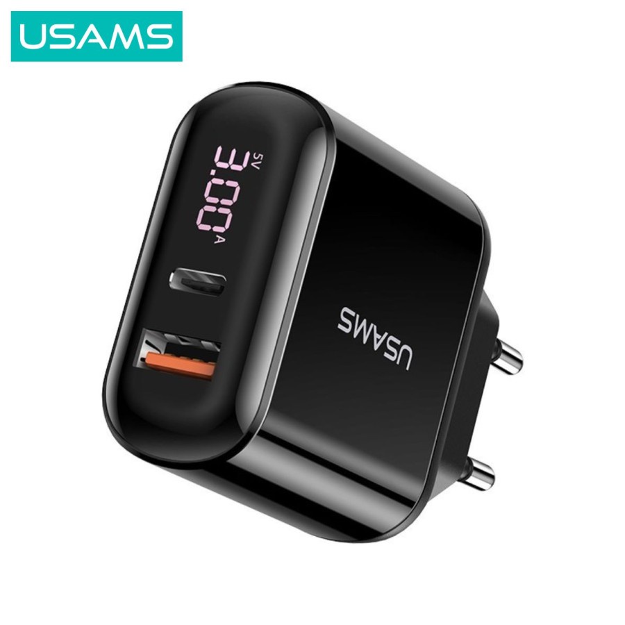 USAMS CC085 T23 Kepala Adapter Charger 18W Digital Display Dual Port Output QC3.0 PD3.0 Fast Charging