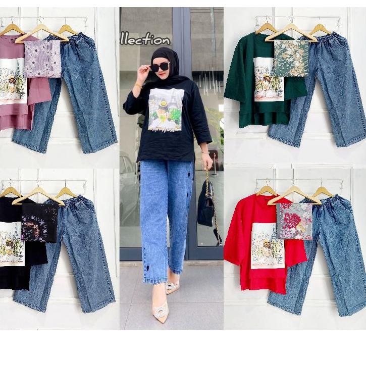 Barang Asli Set Kaos Combed Kulot Jeans Panjang//Set Kulot Jeans Oversize//Set Wanita Produk Terkini