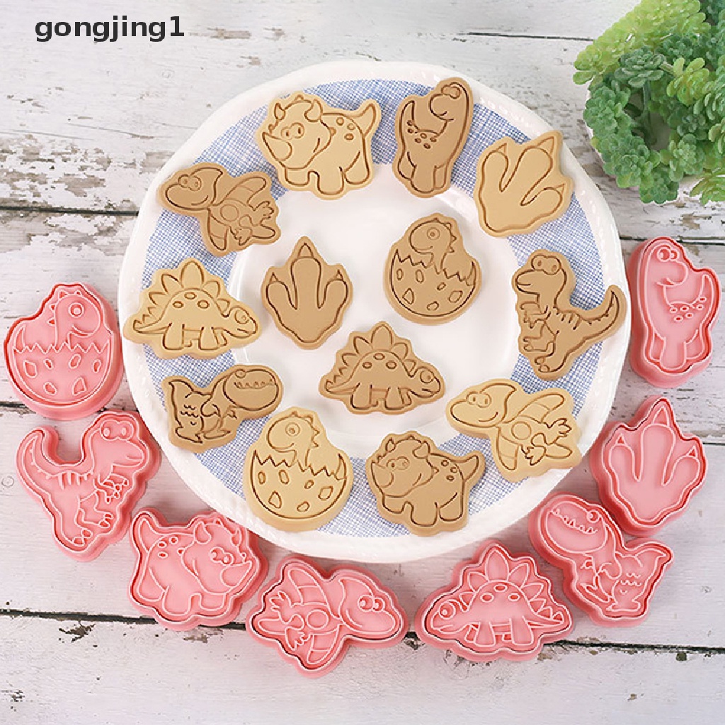 Ggg 8PCS Set Pemotong Kue Kering Dinosaurus 3D Kartun Dapat Ditekan Cetakan Biskuit Dinosaurus ID