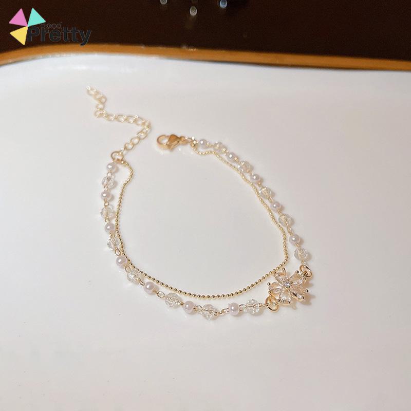 Gelang Bunga Zirkon Mutiara Lapis Ganda Desain Niche Wanita Gelang Pacar Kelas Atas - PD