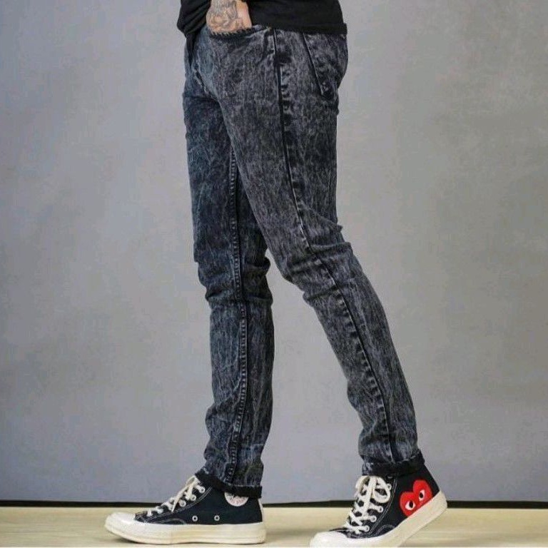 Celana Jeans Pria Hitam Black Sandwash Skinny Stretch Slim Fit Full Denim