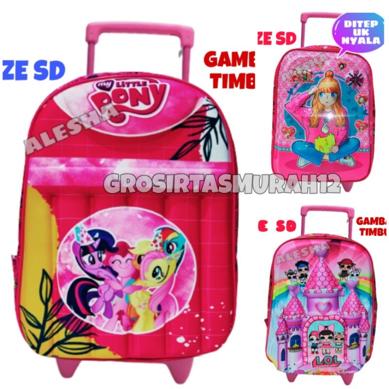 Tas Troli Anak Perempuan Karakter Pony - Tas Dorong Anak SD - Tas Anak Perempuan 3D