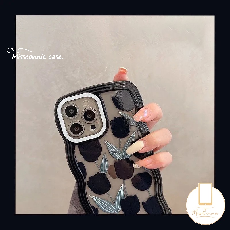 IPHONE Case Kompatibel Untuk Iphone7 8 6s 6 Plus 11 Pro Max12 13 14 Pro MAX XR 14 Plus X XS MAX SE 2020gelombang Tepi Hitam Tulip Daun Hijau Silikon Lembut Back Phone Cover