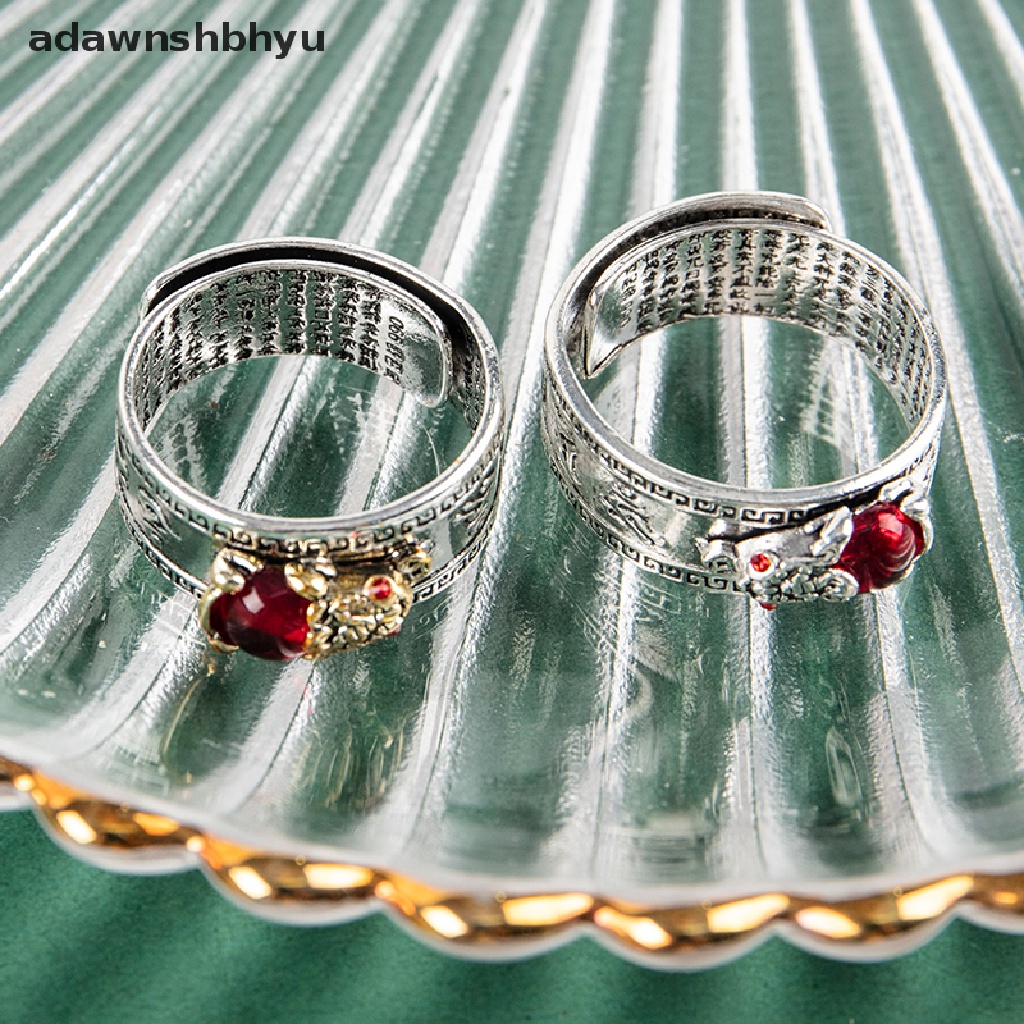 Adawnshbhyu 1 Pcs Cincin Pixiu Feng Shui Cina Vintage Perak Berlapis Hati Sutra Awan Keberuntungan Ukir Cincin Batu Merah Permata Pi Xiu Binatang Cincin Pria Wanita Jari Cincin Perhiasan Antik ID