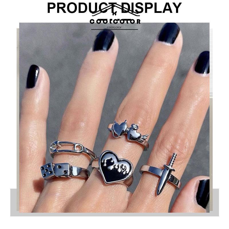 COD❤️5 Pcs set Domingo Ring Alloy peniti dadu love pedang retro silver cincin wanita fashion korea