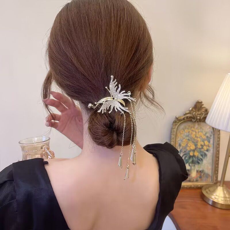 Alloy Berlian Imitasi Kupu-Kupu Angin Lonceng Rumbai Rambut Klip Ponytail Clip Aksesoris Rambut Fashion Wanita